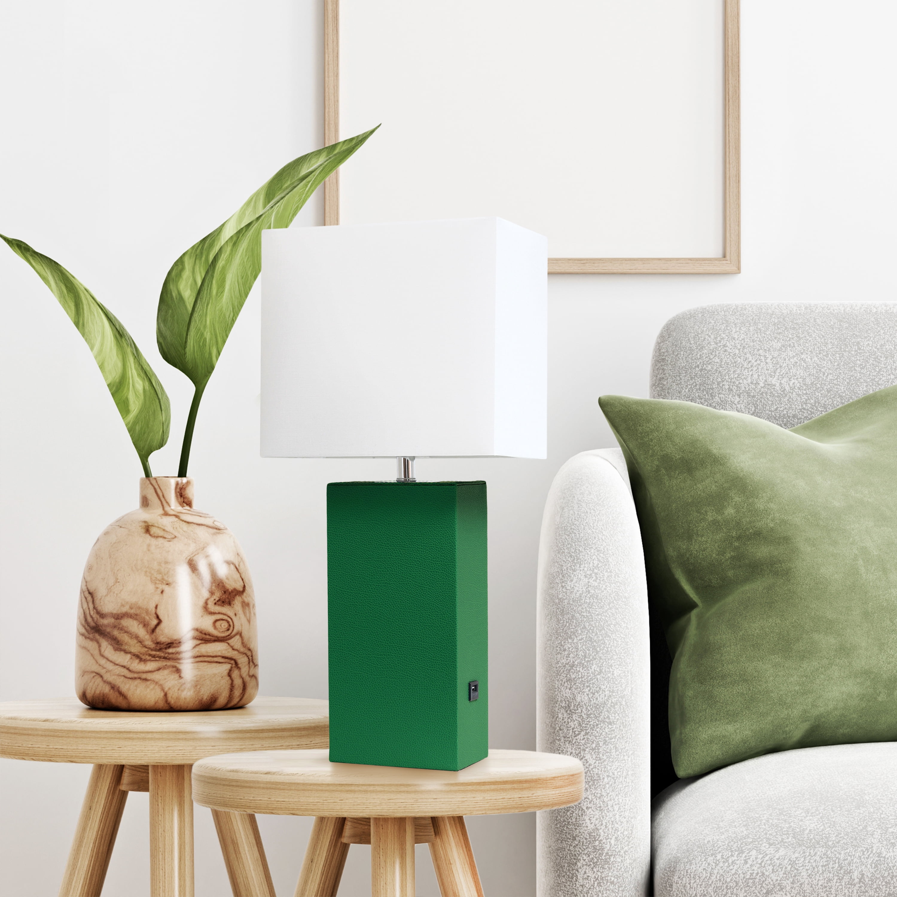 Lalia Home 21" Leather Modern Bedside Table Lamp with USB Port and LED Bulb, Green
