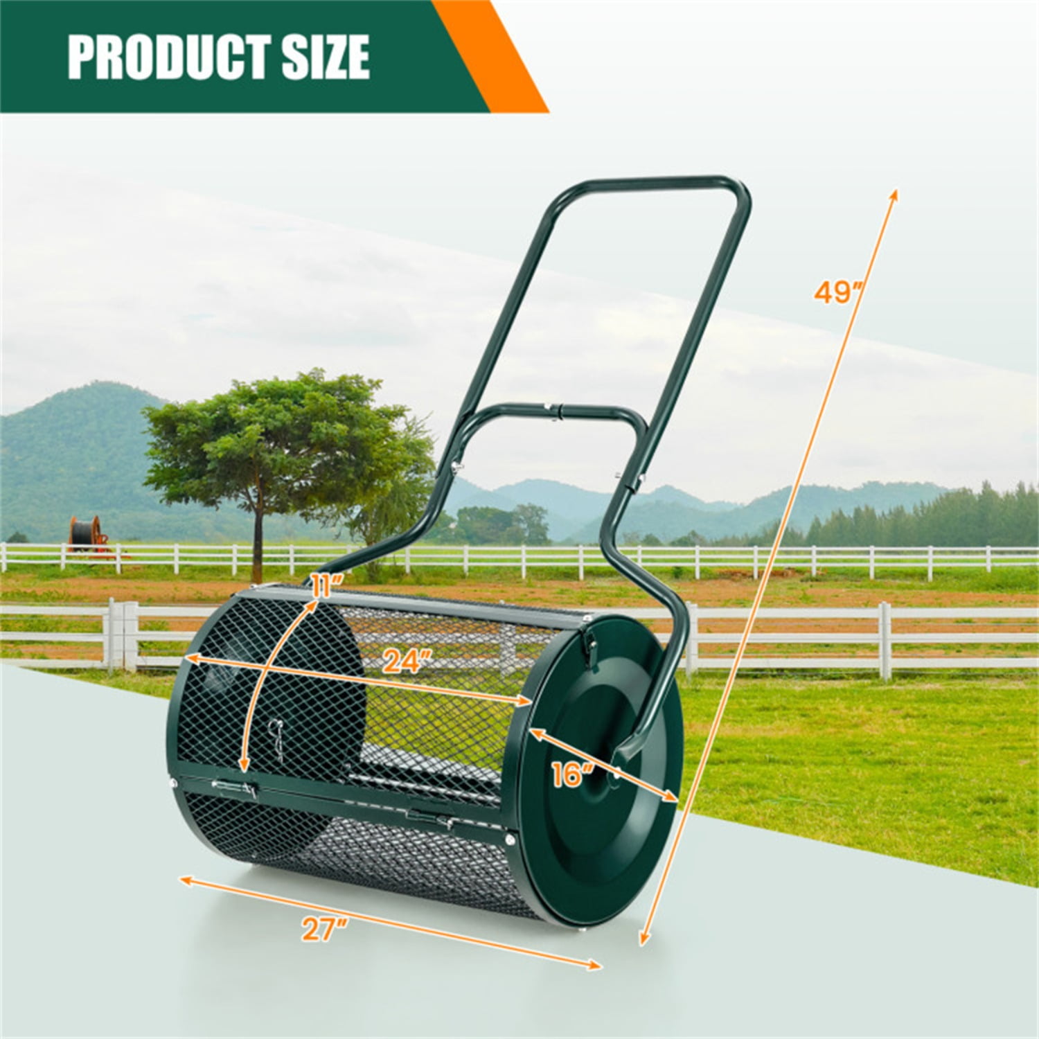 24-Inch Metal Mesh Compost Spreader with 2.7 Cu.ft Large Capacity, Heavy-Duty Rustproof Lawn Spreader for Peat Moss/Topsoil/Sand-Green