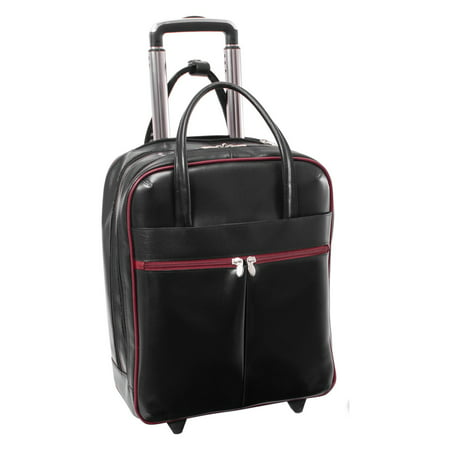 McKlein VOLO, Laptop Overnighter Wheeled Carry-on, Top Grain Cowhide Leather, Blk/Red Trim