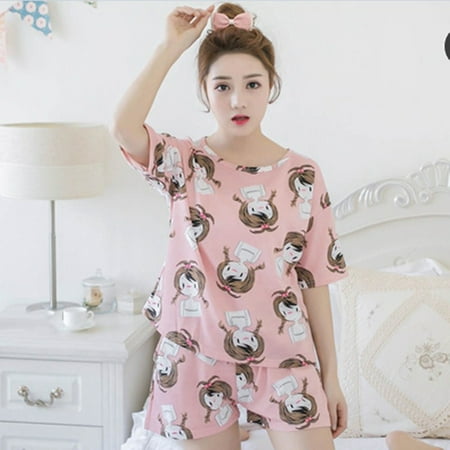 Summer Womens Pajama Set 2Pcs/Set Short Sleeve Top & Shorts Cartoon