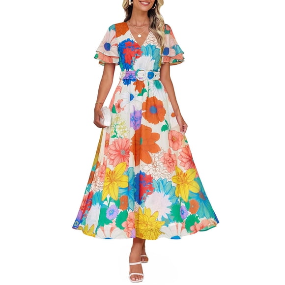 Vestido midi ZESICA 2025 con cuello en V floral de verano para mujer