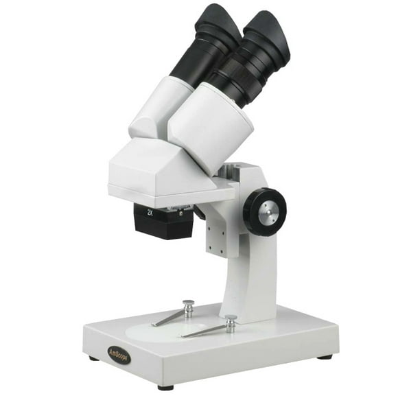 AmScope SE204-AX Portable Binocular Stereo Microscope, WF5x and WF10x Eyepieces, 10X and 20X Magnification, 2X Objective, LED Lighting, Reversible Black/White Stage Plate, Arm Stand