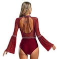 thumbnail image 2 of TiaoBug Women Gymnastics Leotard Flare Sleeve Backless Rhinestone Skating Bodysuit Dancewear Burgundy M, 2 of 7