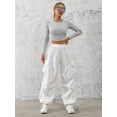 thumbnail image 3 of Women's Drawstring Elastic Waist Cargo Pants, Loose Fit Wide Leg Cuffed Trousers with Pockets for Everyday, Casual & Streetwear, 3 of 4