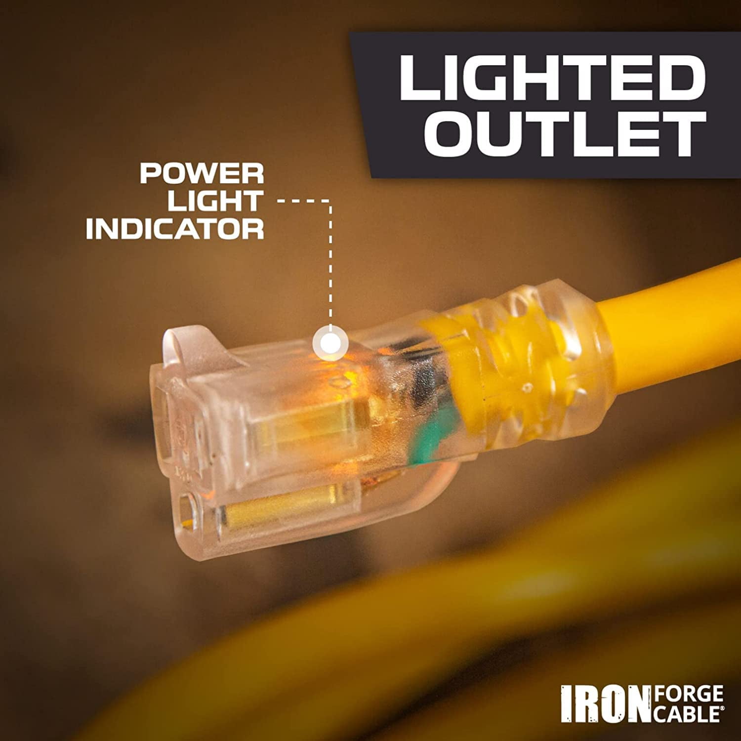 Iron Forge Cable Weatherproof 15 Ft Outdoor Extension Cord - 16/3 SJTW 13 Amp Heavy Duty Highly Visible Yellow Extension Cord 3 Prong - Lighted End