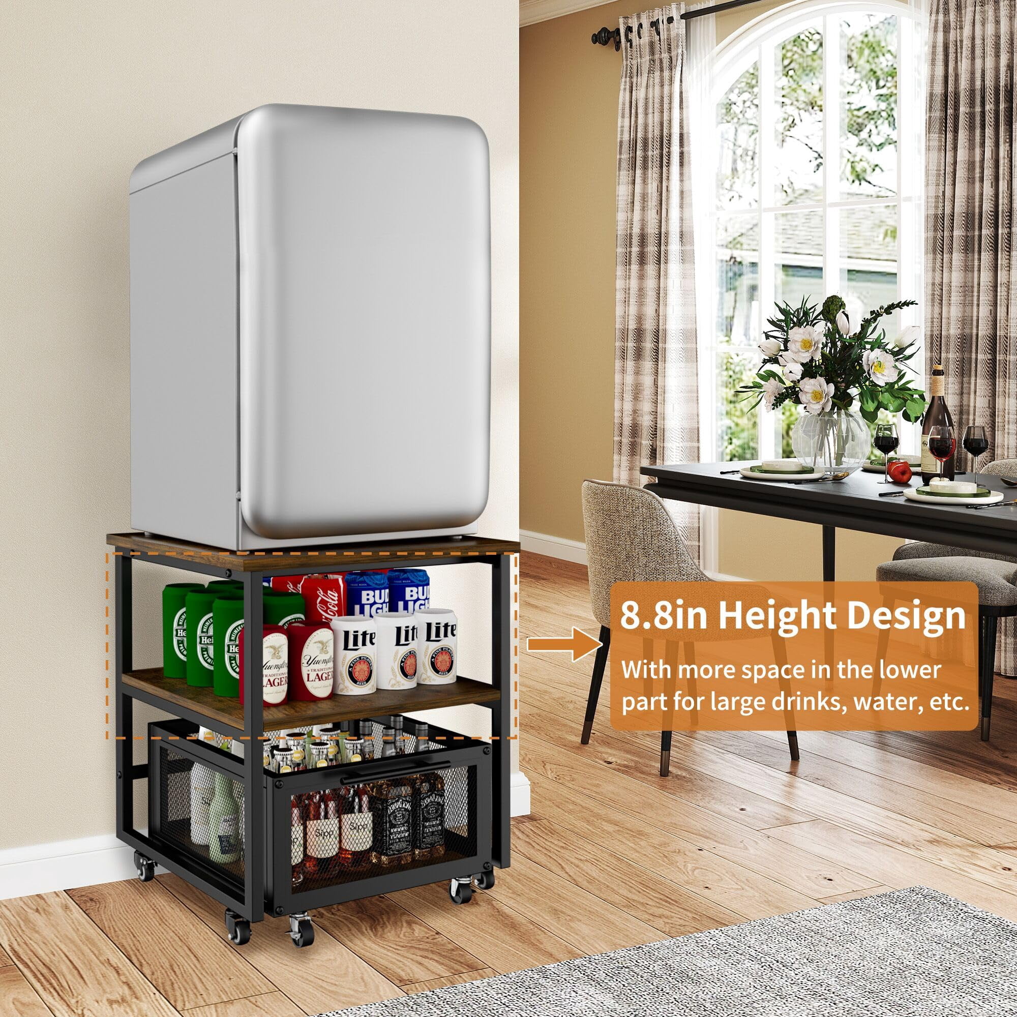 Lovote 21.7x21.7in Mini Fridge Stand with Lockable Wheels & Storage - 23.6" Ergonomic Height, 350lbs Capacity Heavy Duty Mobile Compact Fridge Shelf for Dorm, Office, Bedroom