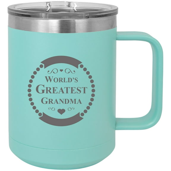 World's Greatest Grandma Stainless Steel Vacuum Insulated 15 Oz Engraved Travel Coffee Mug with Slider Lid, Teal