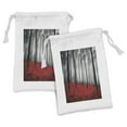 thumbnail image 1 of Forest Fabric Pouch Set of 2, Fantasy Woodland Under Fog Trees Jungle Bushes Contrast Colors, Small Drawstring Bag for Toiletries Masks and Favors, 9" x 6", Pale Grey Black and Red, by Ambesonne, 1 of 2