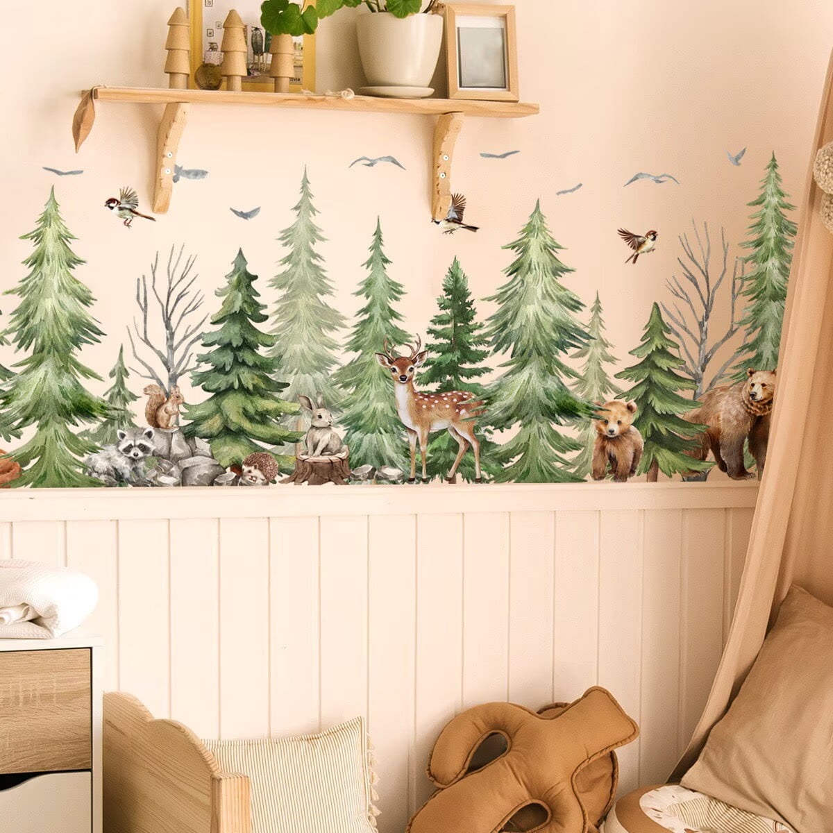 Watercolor Pine Tree Animals Wall Stickers Woodland Forest Tree Fox Deer Bear Wall Decals Peel and Stick Baby Nursery Bedroom Living Room Wall Decor