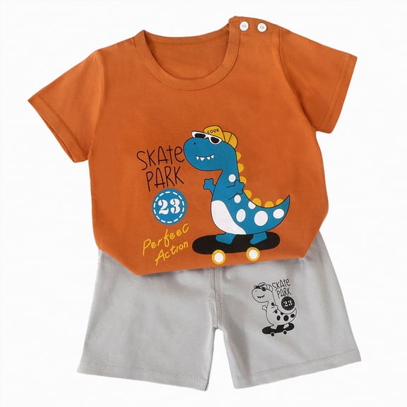HCNTES Toddler Baby Boy Clothes Dinosaur Print Short Sleeve T-Shirt Top Elastic Waist Shorts Set Summer Outfit(Z01-Coffee,9-18 Months)