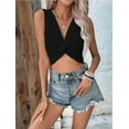 thumbnail image 4 of Women'S Twist Front V Neck Ribbed Knit Sleeveless Sexy- Tank Crop Top Black L, 4 of 7