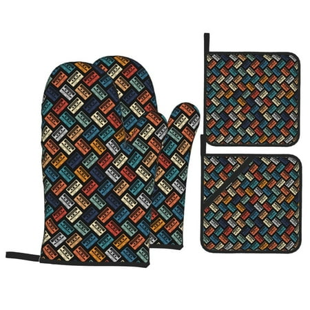 

Oven Mitts and Pot Holders Sets 4 pcs Retro tape Non-Slip Oven Gloves Potholders Soft Quilted Lining Heat Resistant Gloves Hot Pads for Kitchen Cooking Baking