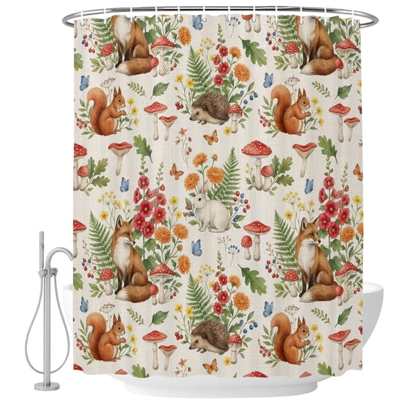 Small Stall Shower Curtain 48x72 Inch Narrow Half Size Fox Squirrels Mushrooms Bath Curtains Bathroom Decor, Fall Botanical Berries Waterproof Fabric Shower Curtain Set with Hooks 48 Inch