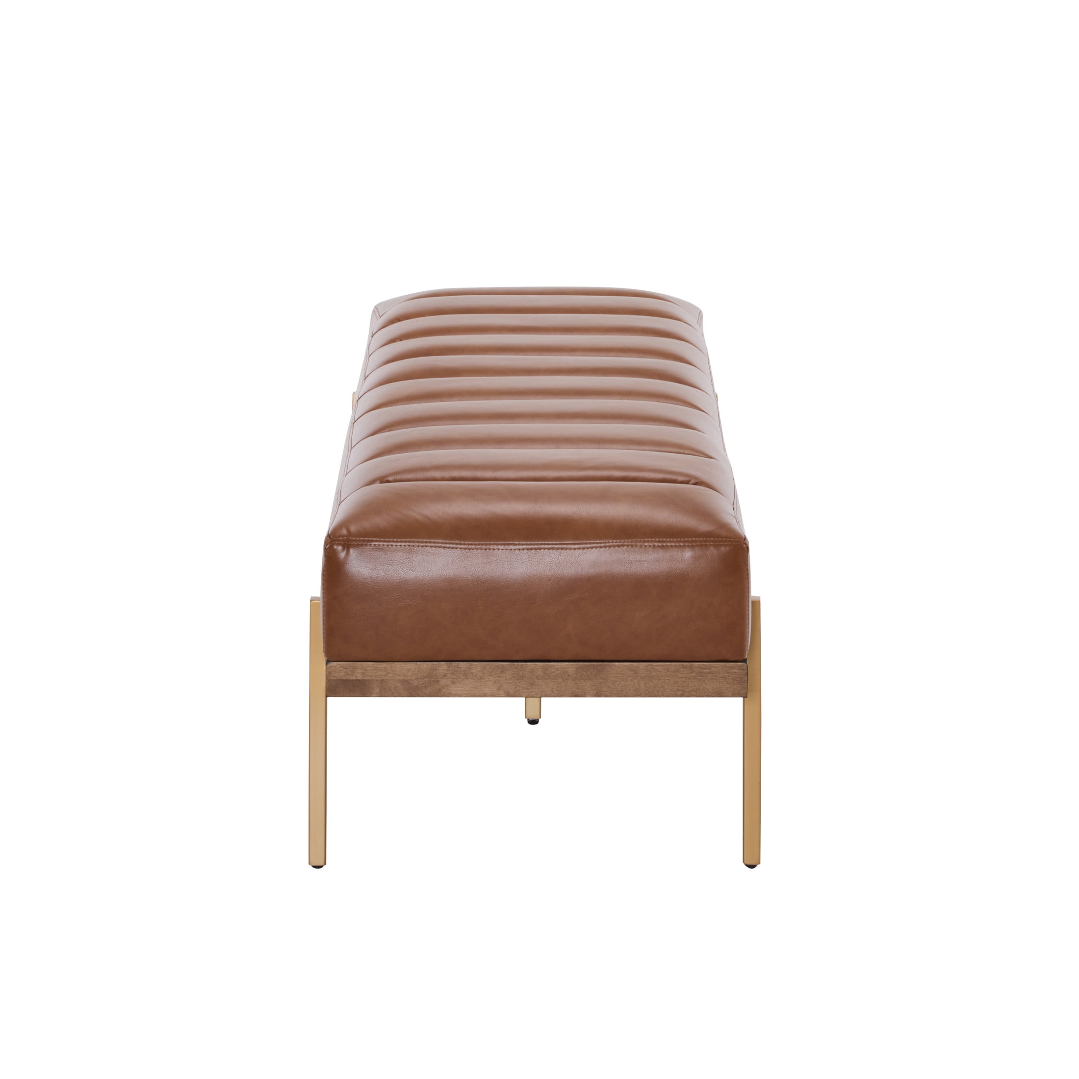 Modern PU Upholstered Bench with Channel Tufting, Metal Base, Brown+Gold