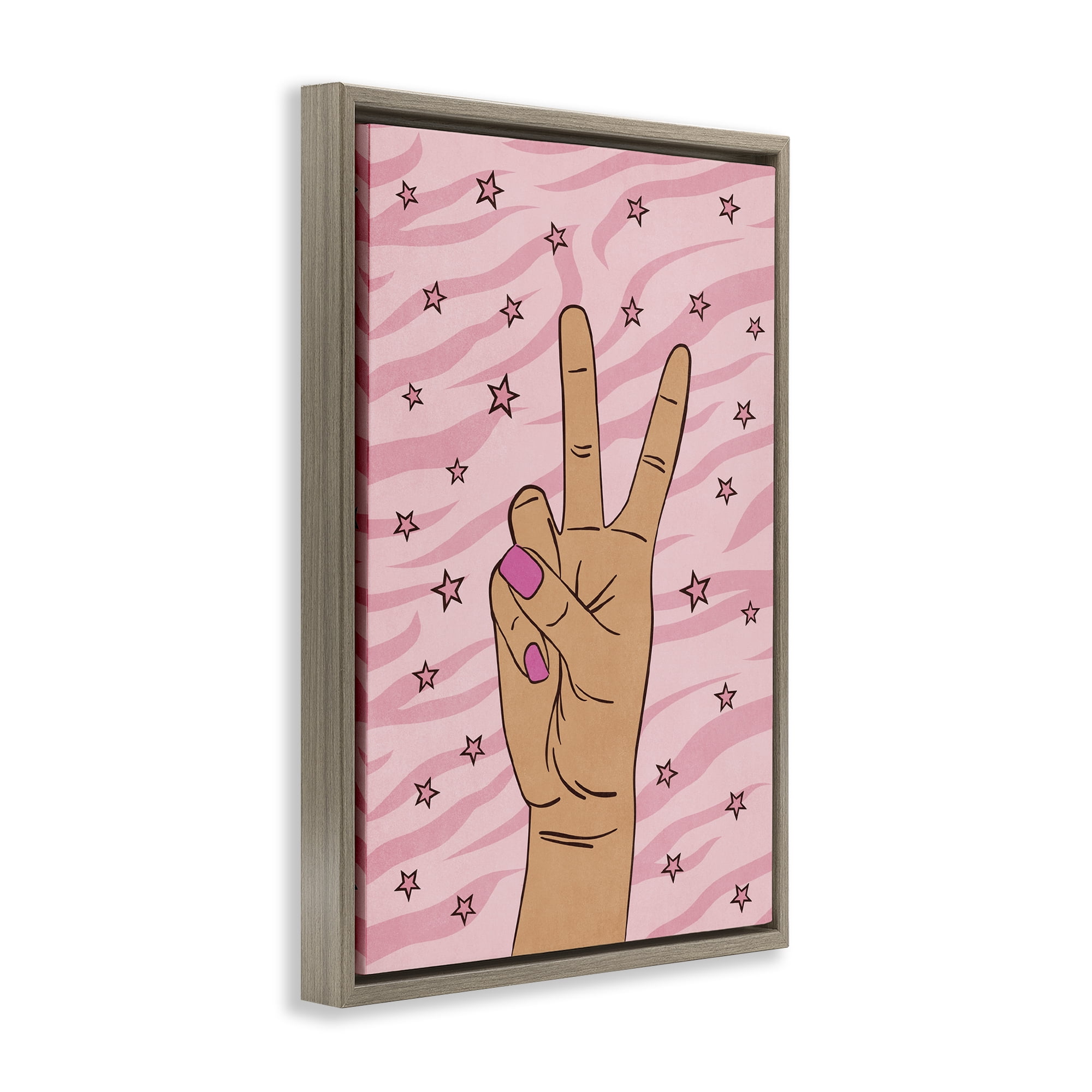 Stupell Industries Peace Hand & Stars Pattern People Painting Brown Floater Framed Canvas Art Print Wall Art, 17 x 25