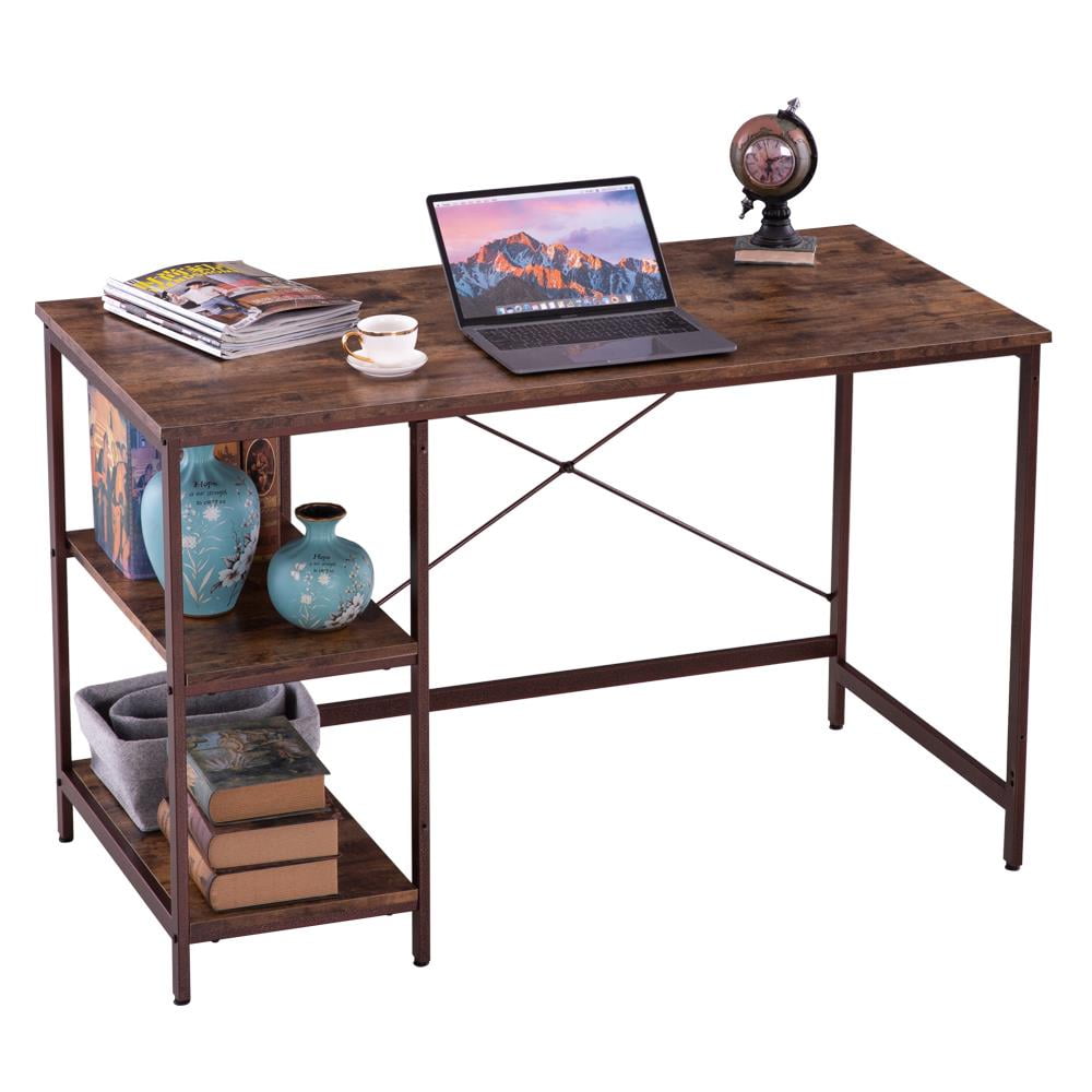 Simple/Large PC Workstation Gaming Table with Sturdy Metal Frame Rustic Brown Wood Laptop Study Desk with 2 Side Storage Shelves HOMECHO 55 Industrial Computer Writing Desk for Home Office Work 