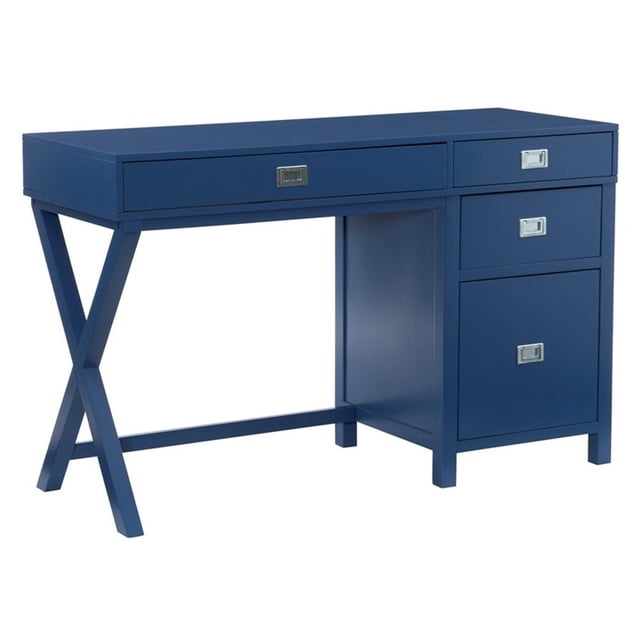 Linon Peggy Side Storage Wood Desk with 4 Drawers Silver Hardware in Navy Blue