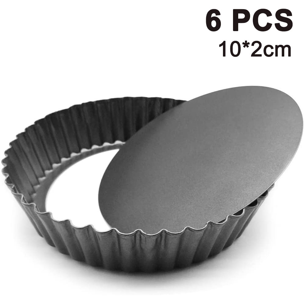 6 Pcs 4 Inch Cake Pan Tart Pan Removable Bottom Quiche Pan Non-Stick Pie Tart Baking Dish Pan Carbon Steel Quiche Pan For Kitchen Cooking Baking with 6 Pcs Cutlery 