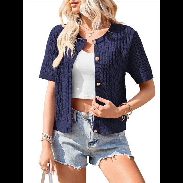 Cárdigan de Verano de Corta para Mujer, Tejido de Punto , Cuello Redondo, Botones, Tops, Azul Marino, Talla XL