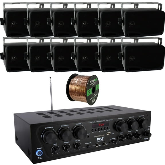 Pyle PTA62BT Black Stereo Amp Receiver W/ 12x 3.5'' 3-Way Black Mini Box Speakers, Speaker Wire
