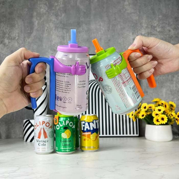 Soda Can Lids and Holders with spill proof cup lid, straw, and can holder Some parts have random colors