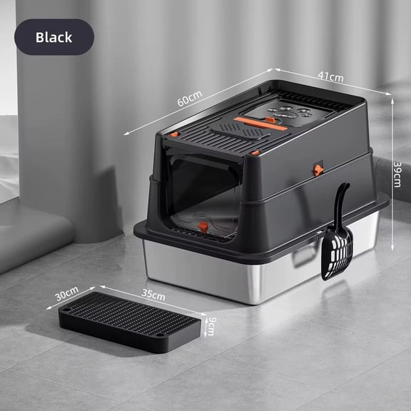 Extra Large Fully Enclosed Stainless Steel Litter Box with Litter Scoop, Black