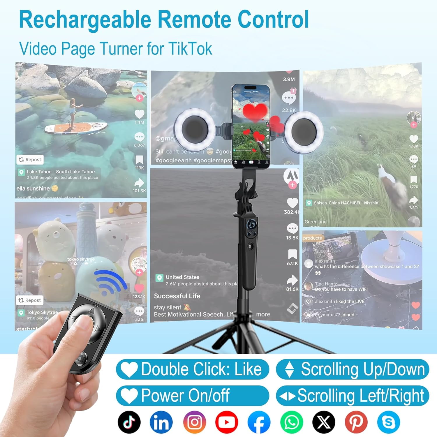 Vlogging Kit for iPhone/Android, 63”Auto Face Tracking Tripod for iPhone with Light, Microphones, Scrolling Remote Control for TikTok, Content Creator Kit for YouTube Starter Live Streaming