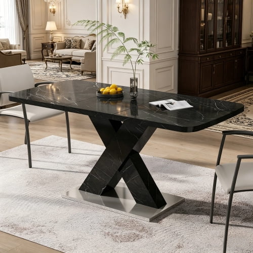taoruifang Extendable Dining Table, 47.24"-62.99" Modern Rectangle Table with Printed Black Marble Tabletop, MDF X-Legs with Steel Base