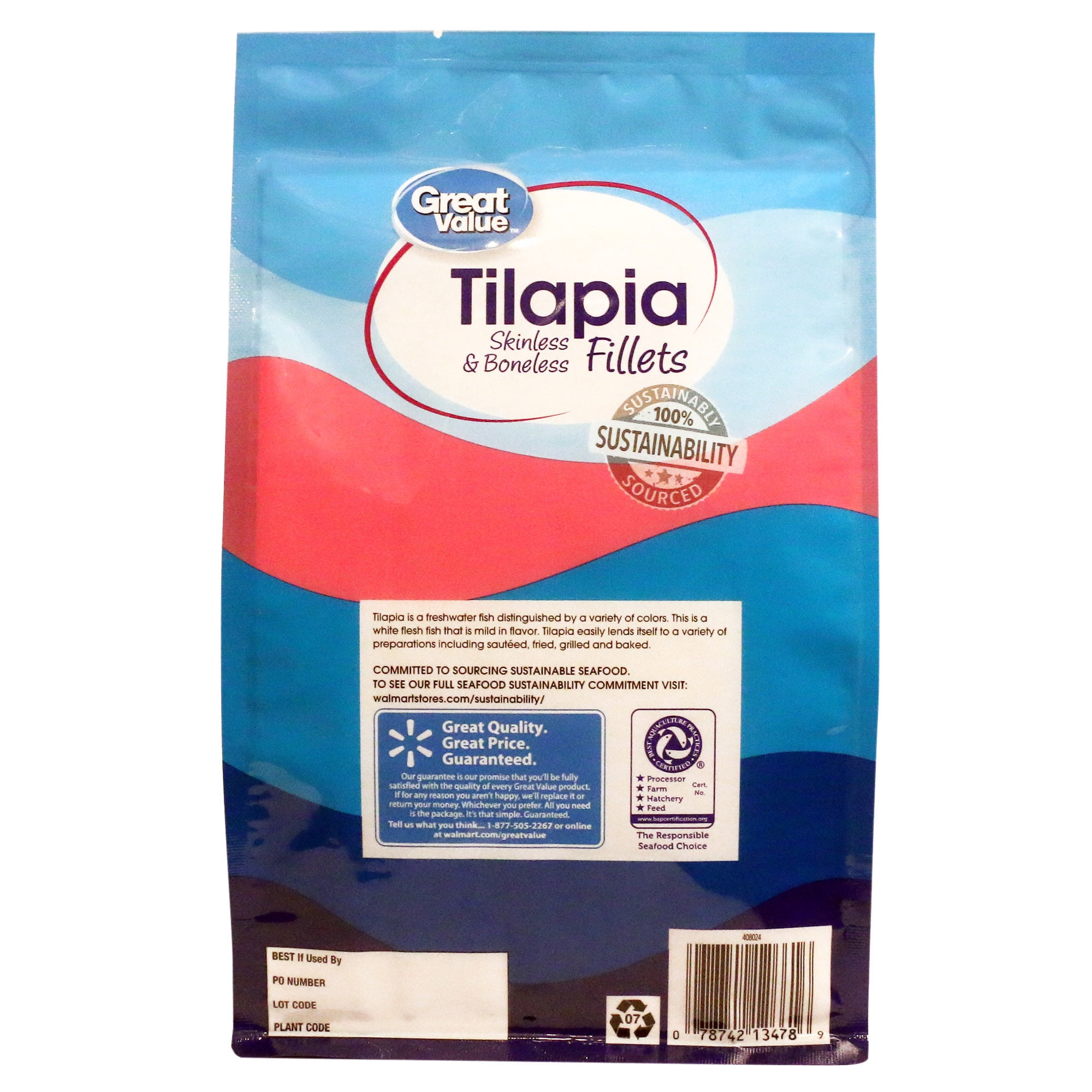 Great Value Frozen Tilapia Fillets, 1 lb Bag