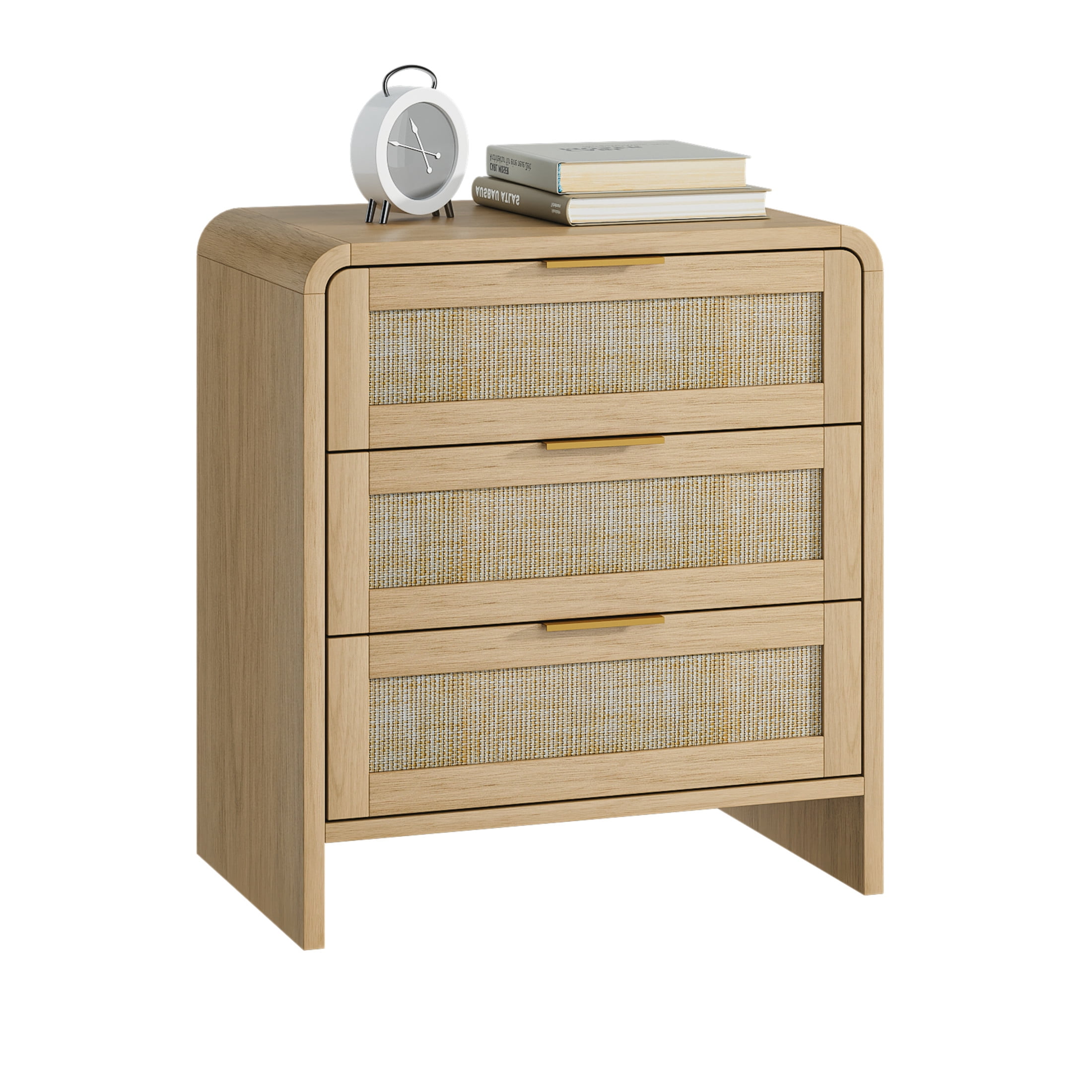 Noble House Felix 23" Rattan Wooden Nightstands, 3-Drawer Curved Bedside Tables with Gold Handles, Oak