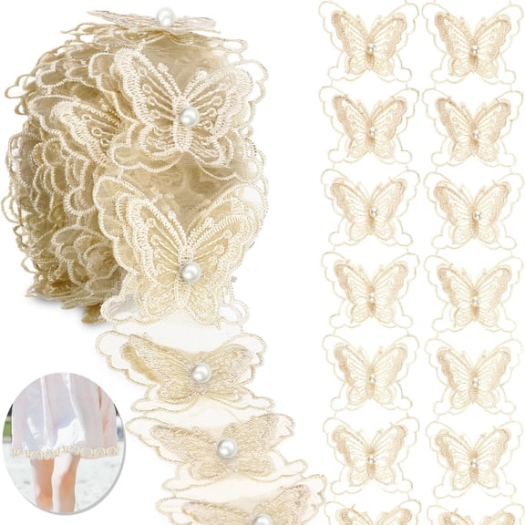 1 Roll Butterflies Lace Fabric Trim, 4yd Butterflies Appliques Embellishments for Dresses Lace Ribbon 3D Embroidered Beaded Trims Patches for Clothes DIY Sewing Christmas Tree Decor(Champagne)