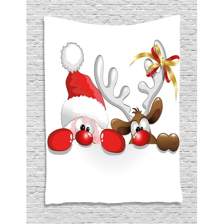 Claus Tapestry - Christmas Tapestry, Funny Christmas Santa Claus and Reindeer Peeking Cartoon Style Humor, Wall Hanging for Bedroom Living Room Dorm Decor, Vermilion Caramel White, by Ambesonne