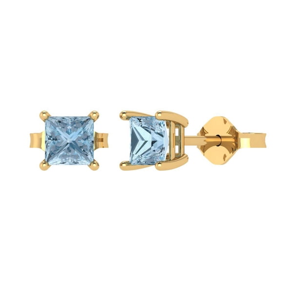 2 ct Push-Back Stud Earrings for Women | 5.5mm Princess Cut Natural Aquamarine | 18K Yellow Gold