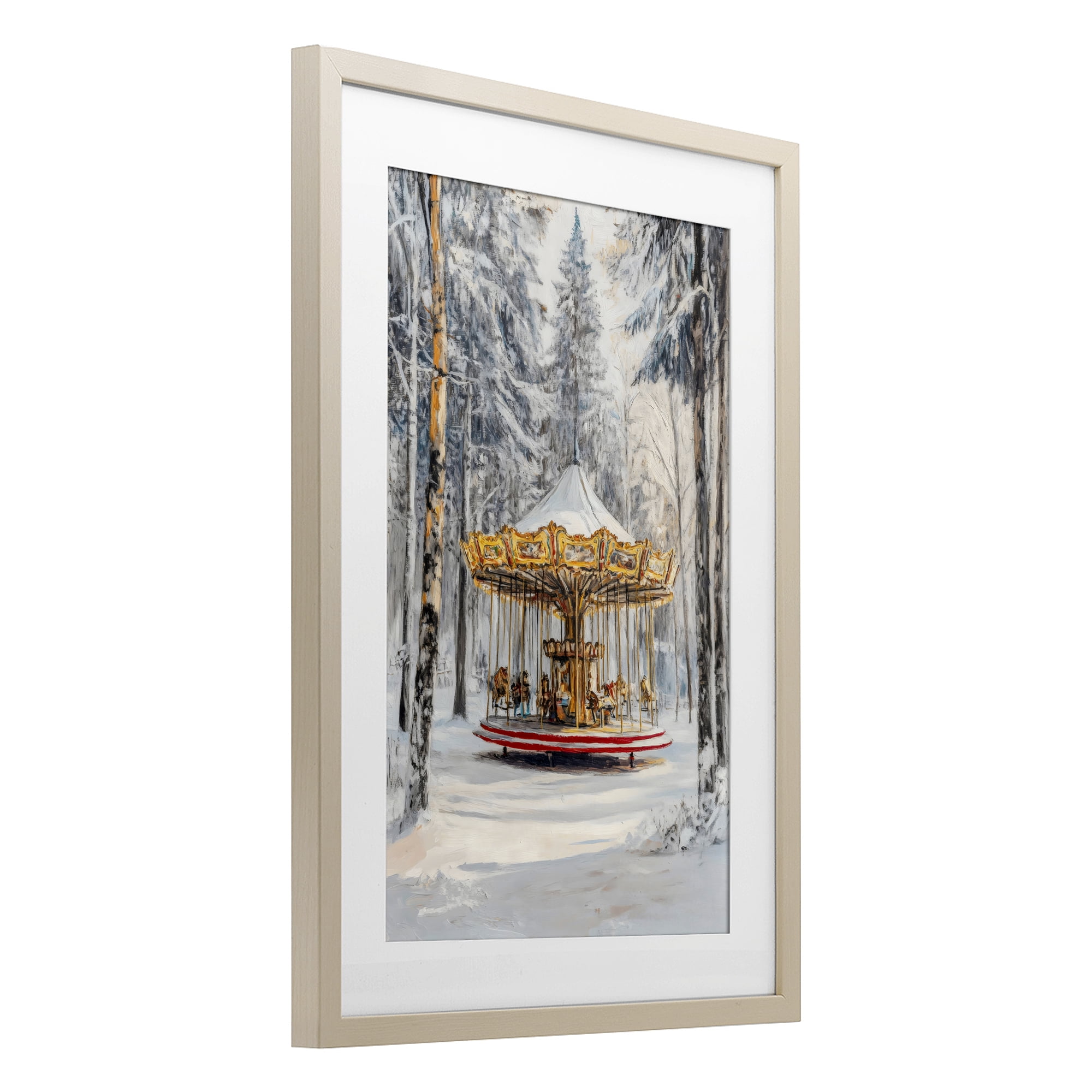 Winter Wonderland Carousel Birch Framed Print Under Glass, design by Petal Prints Design