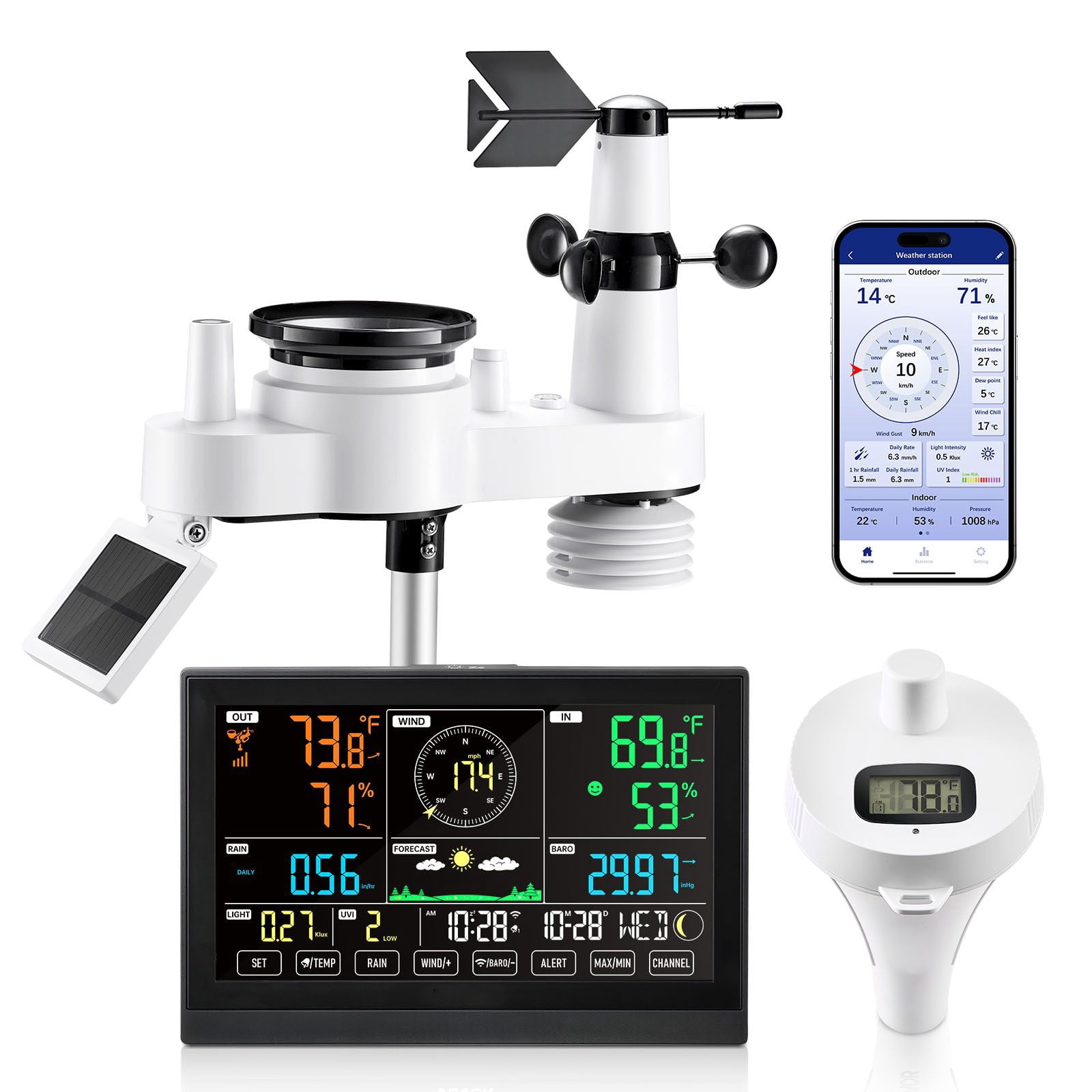 Dranite 7-in-1 Wi-Fi Weather Station with APP, 7.5" Display, Wireless Solar Sensor, Pool Temp & Rain Gauge – Indoor/Outdoor Forecast, Wind Speed Monitoring