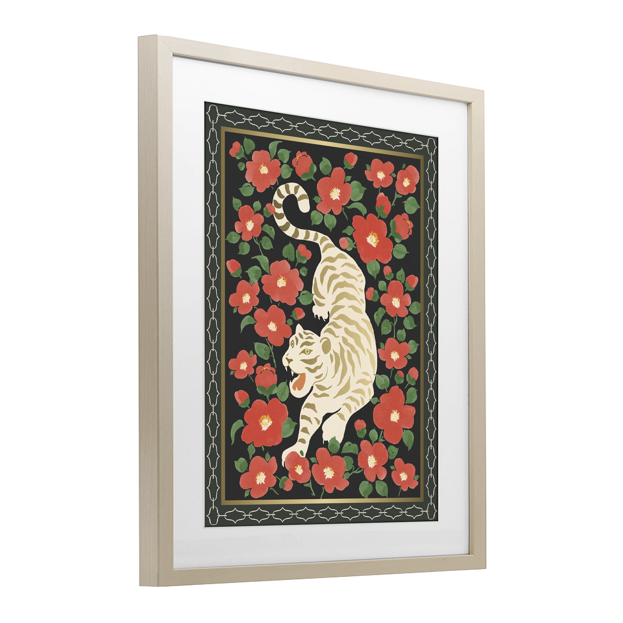 Stupell Industries Ivory Tiger Among Camelias Birch Framed Print Under Glass, design by Karolina Sato