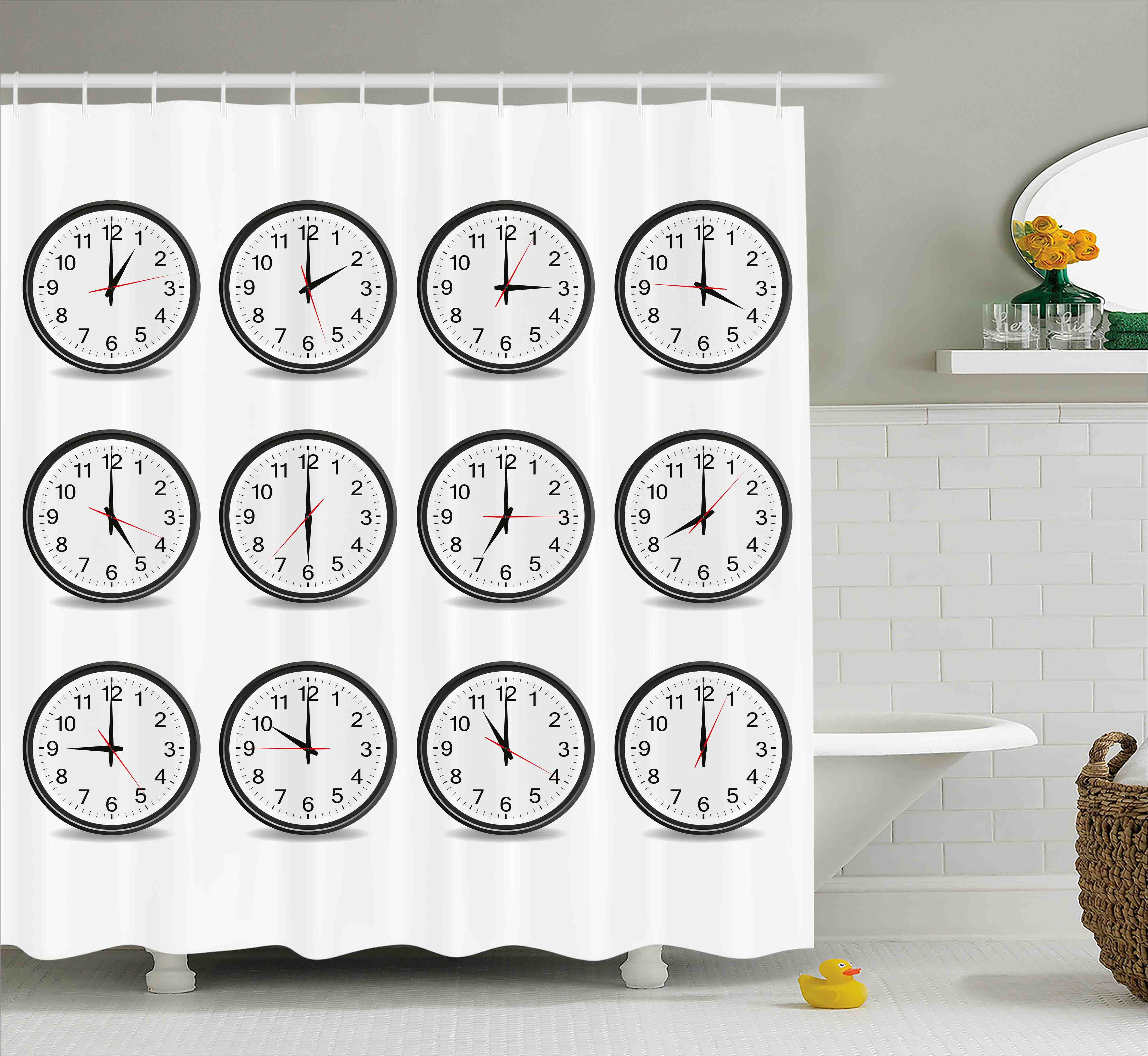 Clock Decor Shower Curtain, Clocks with Numbers That Show Every Hour