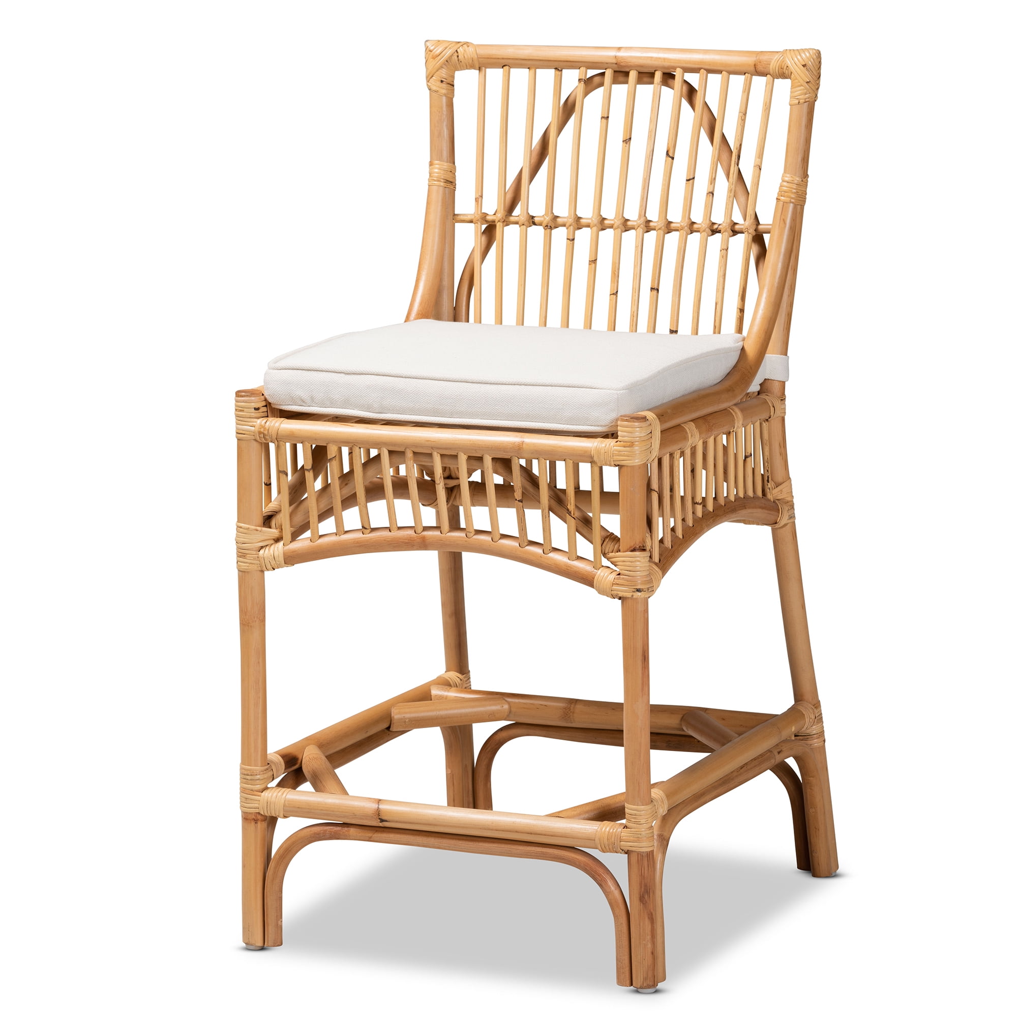 bali & pari Rose Bohemian Rattan Counter Stool with Upholstered Cushion, Natural Brown/White