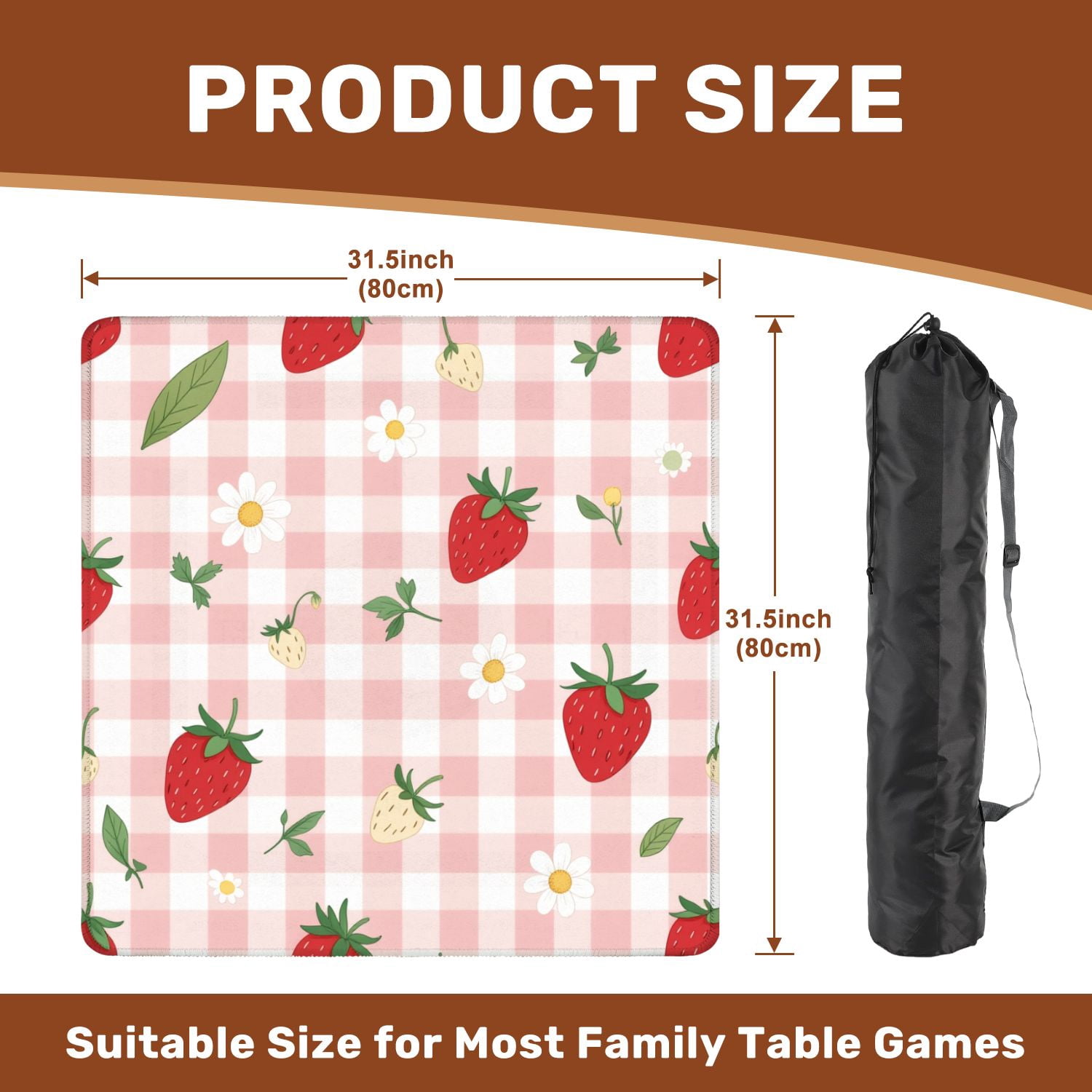 Mahjong Mat 31.5" x 31.5" Strawberry Daisy Pink Gingham Cute Summer Fruit Non-Slip Noise Reduction American Mahjong Tiles Table Cover for Dominoes Poker Card Board Games Gift