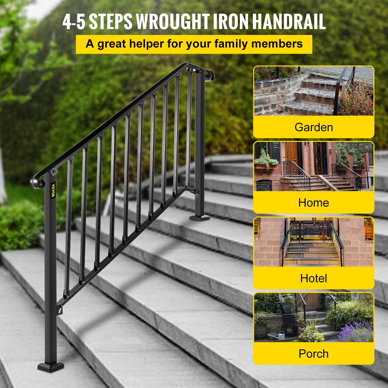 VEVORbrand Handrail Picket 4 Fits 4 or 5 steps Matte Black Stair Rail Height adjustable Wrought Iron Handrail with Installation Kit Hand Rails for Outdoor Steps