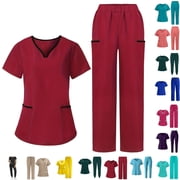QINGFSAP Scrubs For Women Set V-Neck Top & Pants Medical Scrubs Nurse Uniform Clinical Modern Suit with Pockets