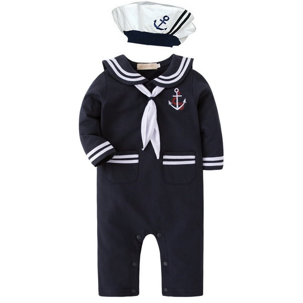Baby Boy Marine Sailor Costume Long Sleeve Romper Onesie With Hat 2 Pcs