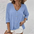 thumbnail image 2 of Inglocry Women's Linen Button Down T Shirts 3/4 Sleeve V Neck Tops Casual Summer Ladies Tees Roll Up Cotton Linen Shirt Blue 2XL, 2 of 6
