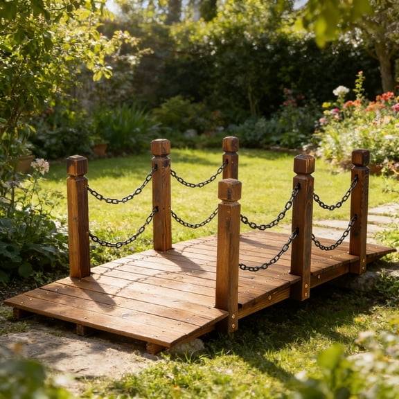 Fehomix 5 FT Wooden Garden Bridge, Arc Footbridge with Chain Railings & Reinforced Structure, 400 lbs Capacity, Weather-Resistant Stained Fir Wood for Backyard, Pond, Creek, Easy Assembly (Brown)