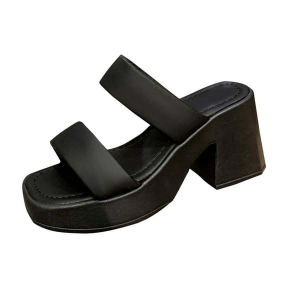 HomeDM Platform Chunky Heels Sandals for Women Slip On Square Open Toe Two Strap Mules Block Heel Sandals, Black Size 9