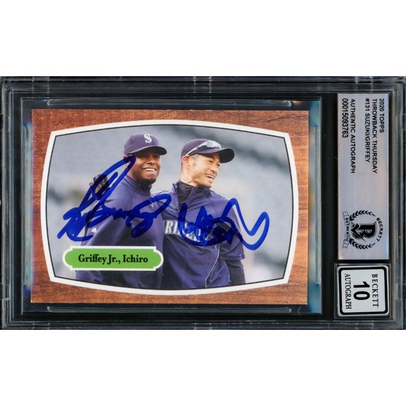 Collectible Ken Griffey Jr. & Ichiro Suzuki Autographed 2020 Topps Throwback Thursday Card #131 Seattle Mariners Auto Grade Gem Mint 10 Beckett BAS #15093763