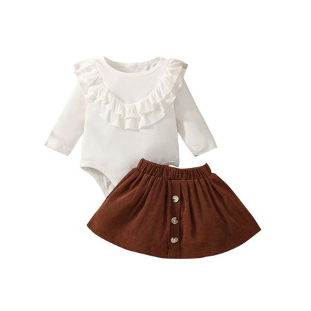 

Binpure Two Pieces Baby Girl’s Clothes Fashion Ruffle Long Sleeve Romper and Corduroy Short Skirt