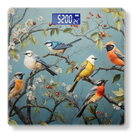 Bathroom Scale, Highly Accurate Digital Body Scale,Precisely Measures Weight up to 400 lbs-Several Birds Perched On Branches With Blossoms And Berries
