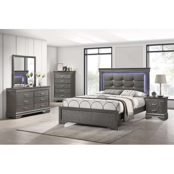Contemporary Gray Queen Size 4Pc Bedroom Set Panel Bed Dresser Mirror Nightstand Wooden Furniture