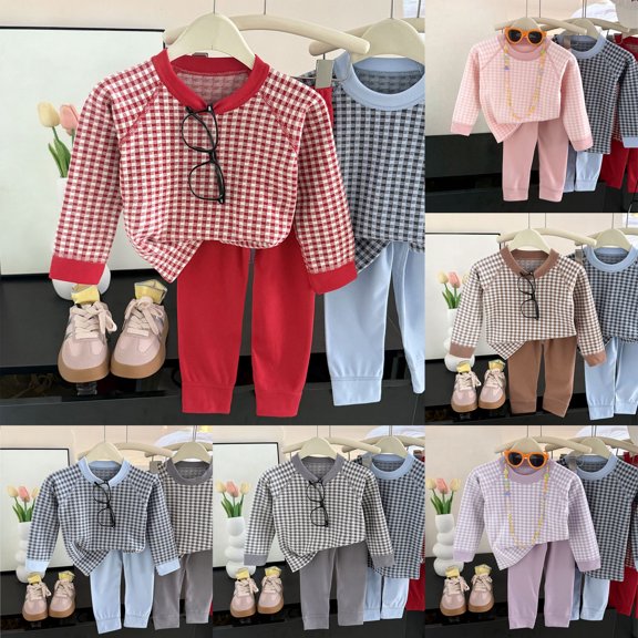 Faraee Toddler Baby 2 Piece Outfit Set Plaid Long Sleeve Crew Neck Top Solid Color Long Pants Soft Knit Loungewear for Boys Girls 6‑12 Months to 6‑7 Years